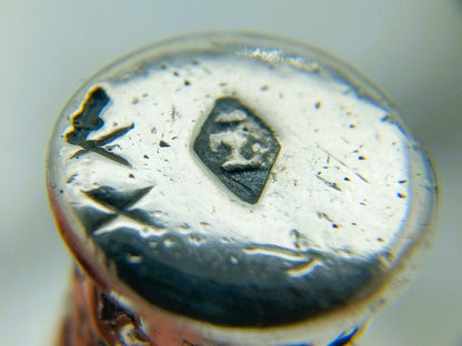 Zilveren dop met gegraveerd embleem bovenop de fluwelen prop, detail