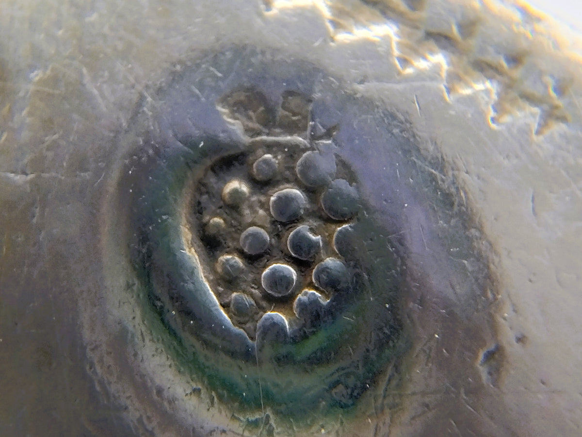 Zilveren lepel, detail van een ingeslagen druiventroskeurmerk