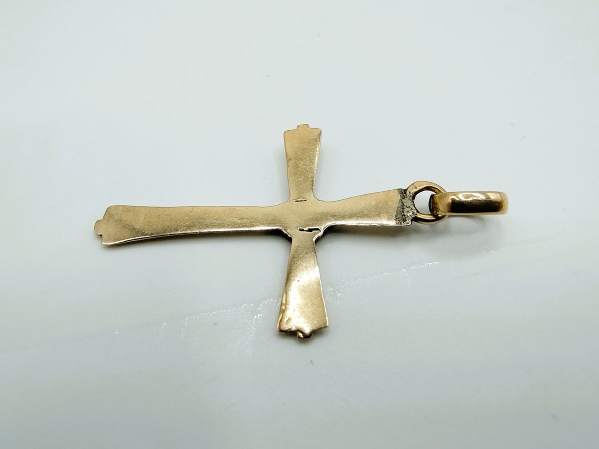 Gouden kruishanger van 14 karaat, detail van de achterkant en ophangring