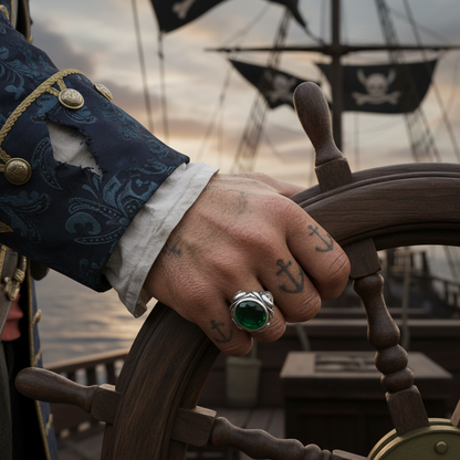 Jack Sparrow skull ring met groene steen, 21 mm