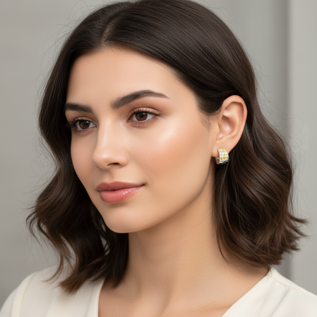 Silver hoop earrings with yellow stones