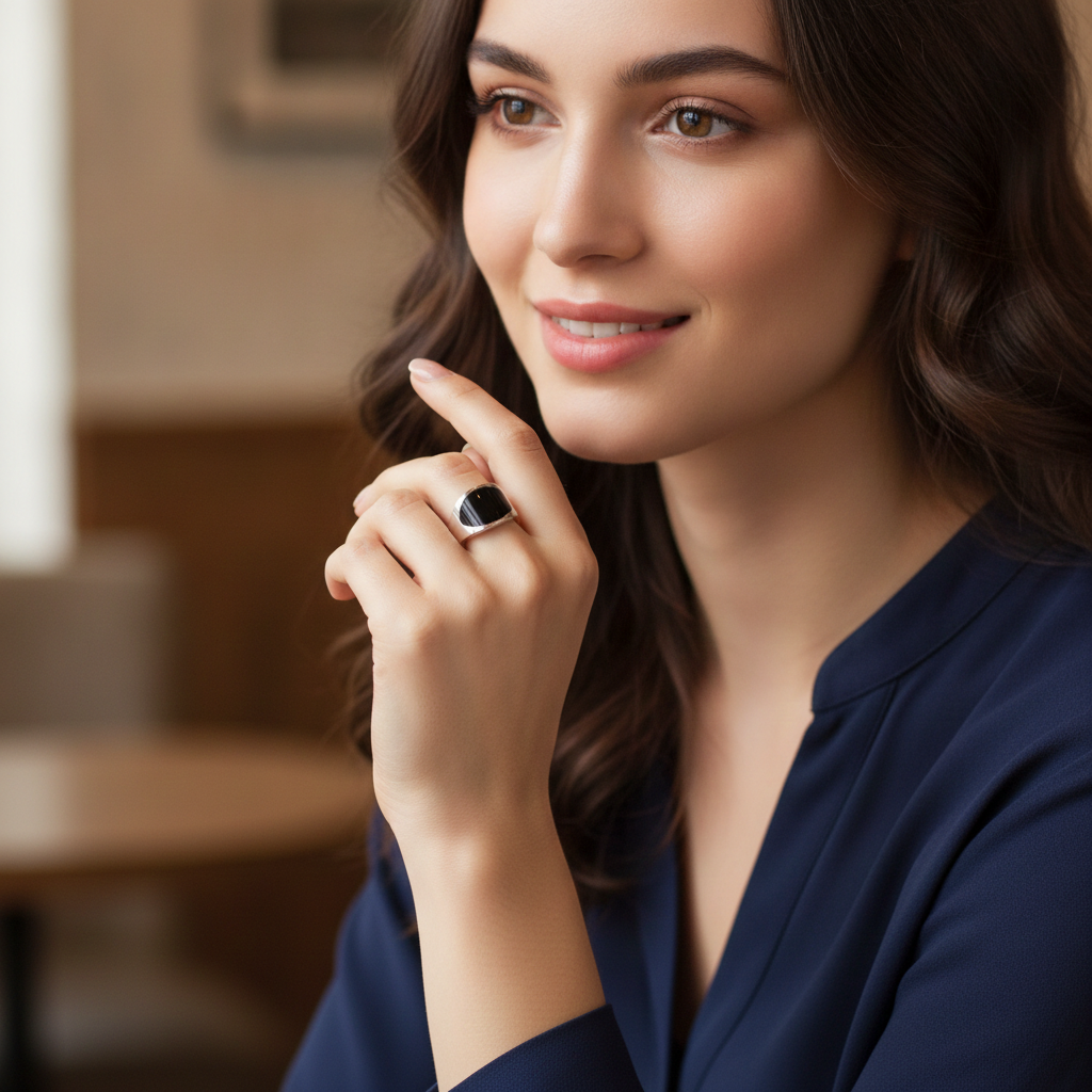 Silberner Unisex-Ring mit Onyx, 19 mm