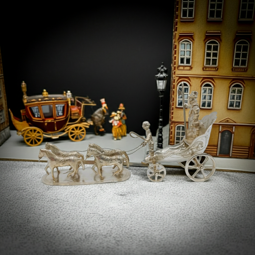 Zilveren miniatuur koets met 4 paarden, J.S. Zwanenburg & Zn, Sneek, 19e eeuws