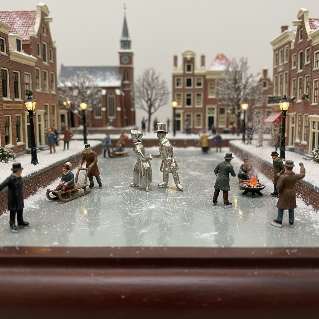 Zilveren miniatuur, echtpaar op schaatsen, J. Held, Amsterdam, ca. 1860