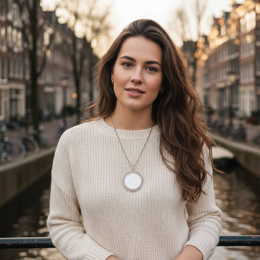Zilveren jasseronketting met ronde hanger van 10 gulden, lang model