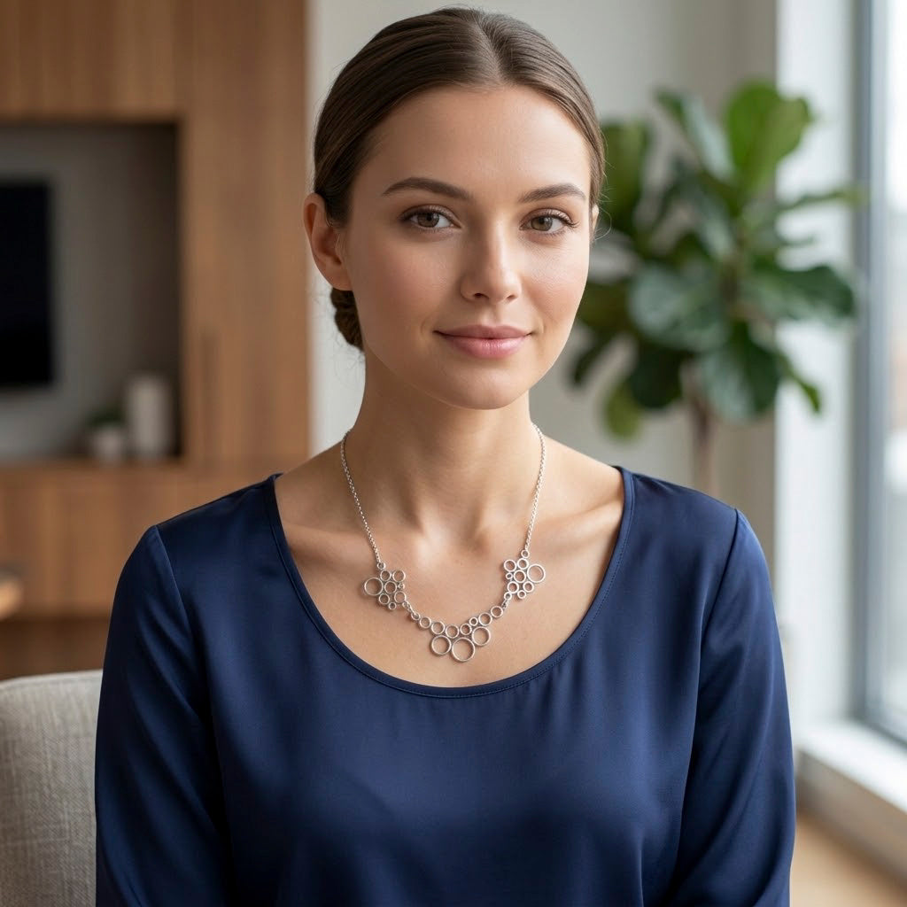 Zilveren designketting met ringvormige schakels, zichtbaar vanaf de borst op model