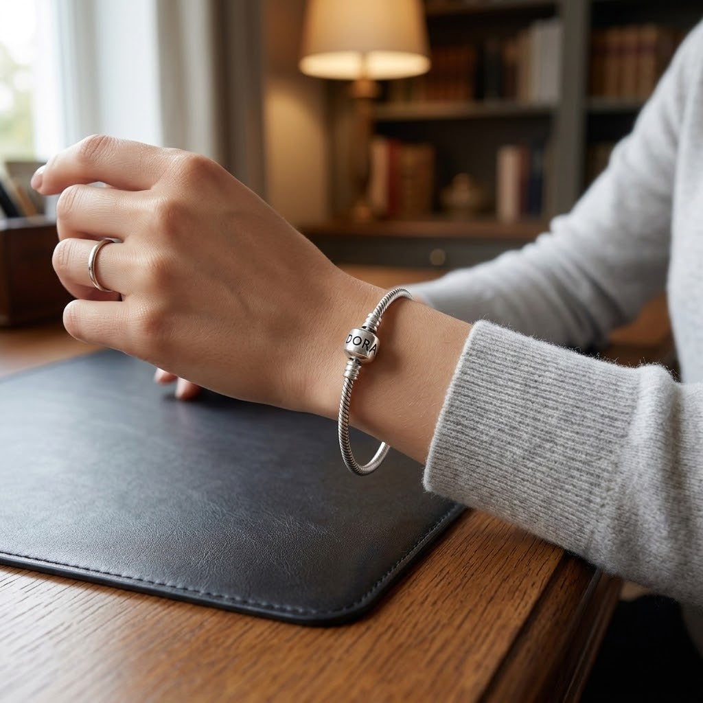 Zilveren Pandora armband (21,5 cm) met bedels en open oog sluiting