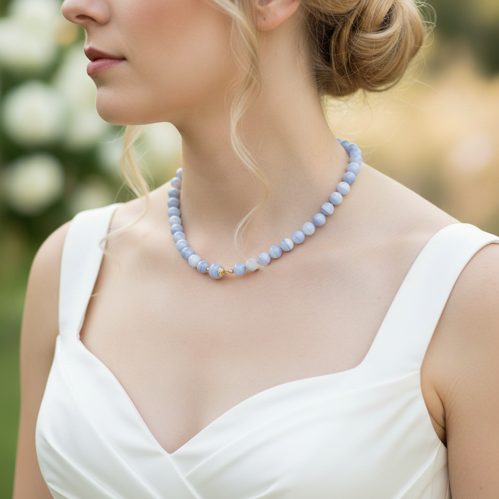Blue agate necklace with silver clasp, 48 cm