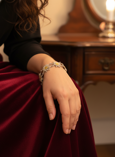 Filigranes Silberarmband mit vergoldeten Blumen, 20 cm.