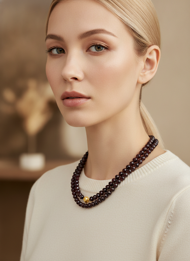 Granaten ketting met gouden slot. 75 cm