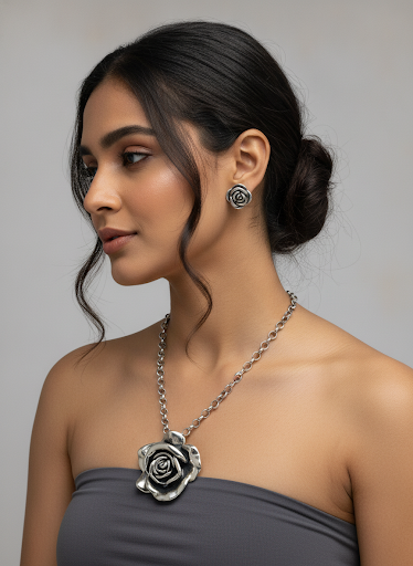 Jasseron-Kette mit silbernem Rosenanhänger und Ohrringen.