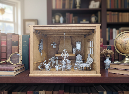 Oak room with 21 silver miniatures, Schoonhoven ca. 1975