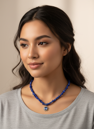 Lapis lazuli ketting met zilveren Delfts blauwe hanger en slotje, 43,5 cm
