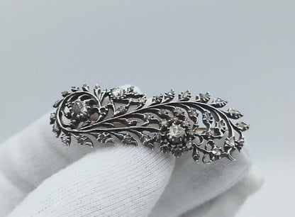 Zilveren / gouden veerbroche met 40 roosgeslepen diamanten, G.J. Huisen, Amsterdam, ca. 1870