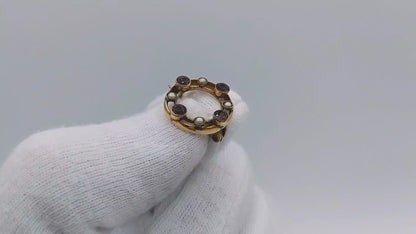 Gouden ringbroche met amethist en parels
